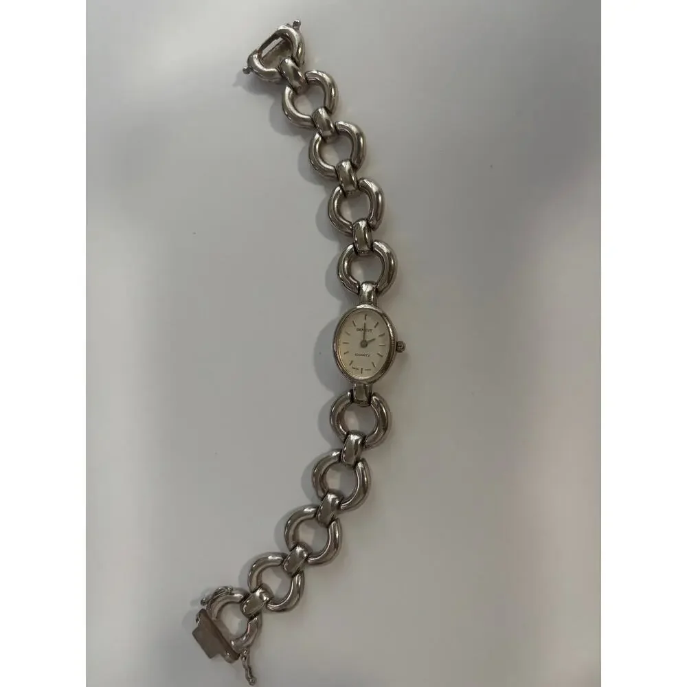 Vintage Geneve Sterling Silver Watch & Bracelet Chunky Links Italy Made